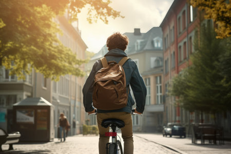 A schoolboy guy with a backpack rides a bike through the city streets. Rear view. A teenage student goes to school, college or university. Back to school concept, generated by AIの素材