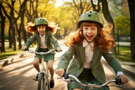 Back to school concept, generated by AI. Two schoolgirls ride a bicycles in the summer park. Happy children twins sisters with a helmets on heads go to school or home after classの素材