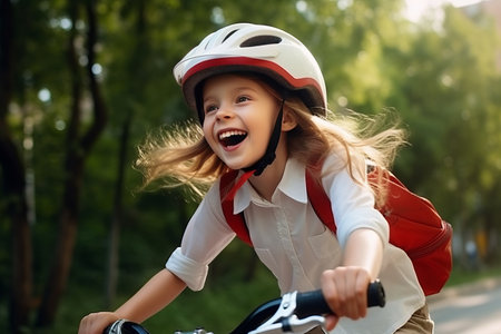 Back to school concept, generated by AI. One schoolgirl rides a bicycle in the summer park. Happy child with a helmet on head goes to school or home after classの素材