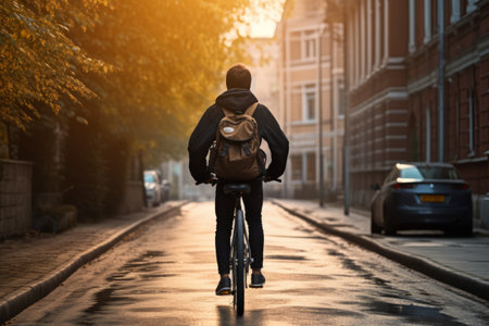 A schoolboy guy with a backpack rides a bike through the city streets. Rear view. A teenage student goes to school, college or university. Back to school concept, generated by AIの素材