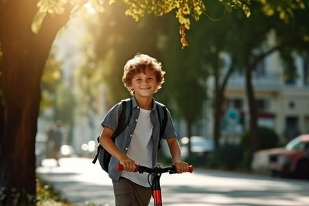 Back to School concept, created by AI. One schoolboy boy rides a scooter in the summer park. The child goes to school or home after classの素材