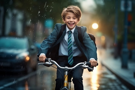 Back to school concept, generated by AI. One schoolboy boy rides a bicycle on city street during rain. A child wears suit and goes to school or home after classの素材