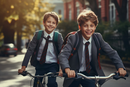 Two schoolboys in suits with a backpacks ride a bikes through the city streets. A teenage students go to school, college or university. Back to school concept, generated by AIの素材