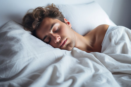Good quality productive sleep is a concept. Generated by AI. A young man sleeps lying in a warm cozy bed, dreams and recovers strength and energy, White bed linen.の素材