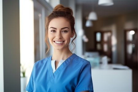 A practicing dentist smiles at the clinic. A young female orthodontist surgeon stands in the office and is ready to receive patients. Advertising of a dental clinic. Generative AI. Nurse in hospitalの素材