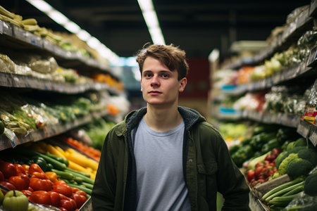 A young guy stands in a supermarket and chooses food in the department with fresh fruits and vegetables. A customer in a grocery store. Generative AIの素材