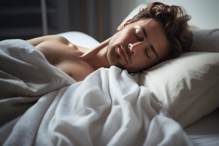 Good quality productive sleep is a concept. Generated by AI. A young man sleeps lying in a warm cozy bed, dreams and recovers strength and energy, White bed linen.の素材