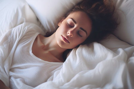 Good quality productive sleep is a concept. Generated by AI. A young woman sleeps lying in a warm cozy bed, dreams and recovers strength and energy, White bed linen.の素材