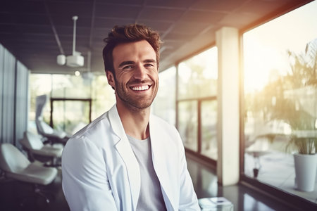 A practicing dentist smiles at the clinic. A young male orthodontist surgeon stands in the office and is ready to receive hospital patients. Advertising of a dental clinic. Generative AIの素材
