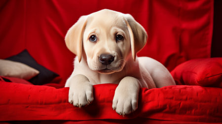 Charming cute puppy labrador retriever is lying on red bed and resting. Valentines Day greeting card with a dogの素材