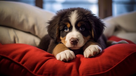 A charming fluffy Bernese Mountain Dog puppy lies on the sofa among the pillows and smiles. A cute young thoroughbred dogの素材