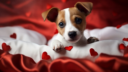 Charming cute Jack Russell Terrier puppy is lying on bed with red hearts and resting. Valentines Day greeting card with a dogの素材
