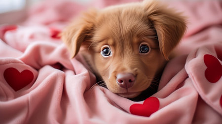 Charming cute fluffy ginger puppy nova scotia duck tolling retriever is lying on pink bed with red hearts and resting. Valentines Day greeting card with a dogの素材