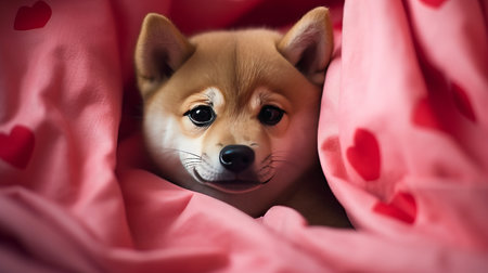 Charming cute fluffy ginger puppy shiba inu is lying on pink bed with red hearts and resting. Valentines Day greeting card with a dogの素材