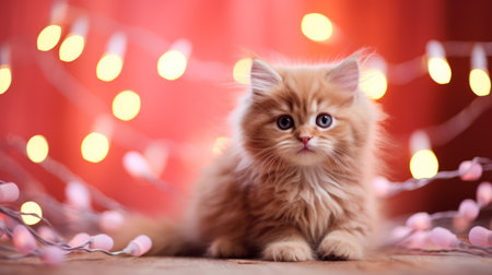 A charming cute ginger fluffy kitten with a garland on red background. Postcard with a cat for Valentines Dayの素材