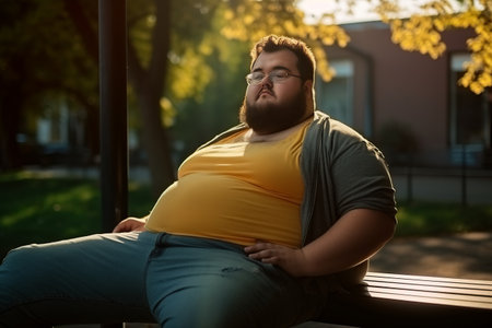The problem of obesity and overweight. A young man is very fat and unhealthy sitting on a park benchの素材