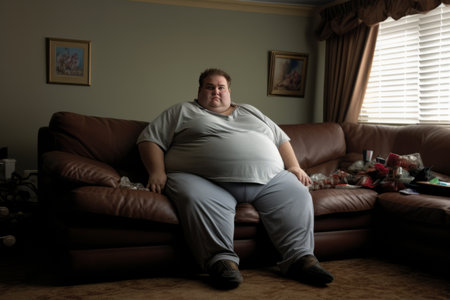 The problem of obesity and overweight. A young man is very fat and unhealthy sitting at home on the couchの素材