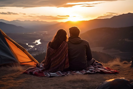 A young happy couple in love at sunset in the mountains is sitting on a blanket and enjoying the views of nature. Rear view. Active recreation and a date high in the mountainsの素材