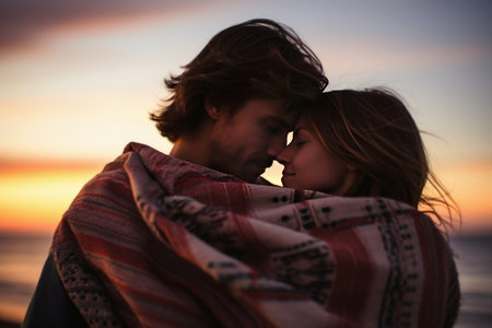 A young happy couple in love at sunset on the coast of the sea hugging covered with a warm blanket. A date in natureの素材