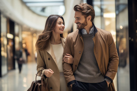A young happy couple in love is shopping at the mall. Sale and big discounts on Black Fridayの素材