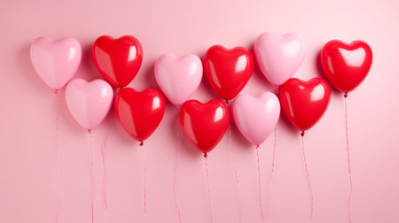 Pink and red heart shaped balloons on trendy color pastel background generated AI, Horizontal greeting cardの素材
