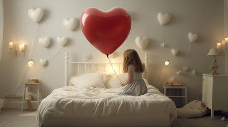 A girl child is sitting in a room on a white bed linen with a red balloon in the shape of a heart in the morning and is happy. A gift for Valentine's Day. Generated by AIの素材