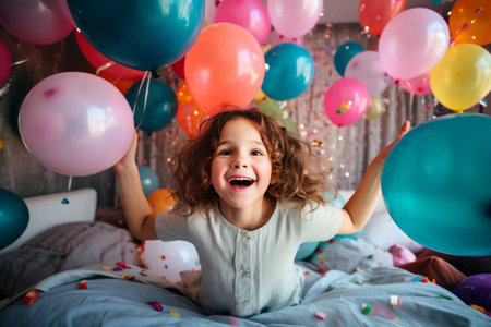 A happy little girl is sitting on the bed in her room decorated with a lot of colorful balloons and smiling. The concept of holidays and happy birthday surprise. Generated by AIの素材
