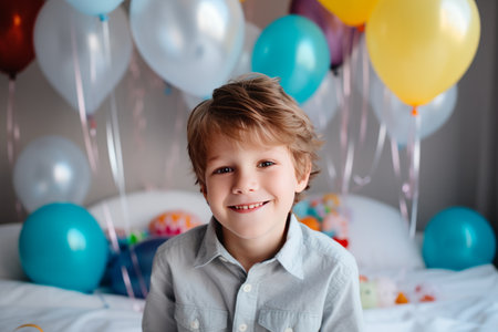 A happy little boy is sitting on the bed in his room decorated with a lot of colorful balloons and smiling. The concept of holidays and happy birthday surprise. Generated by AIの素材