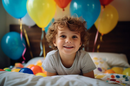 A happy little boy is sitting on the bed in his room decorated with a lot of colorful balloons and smiling. The concept of holidays and happy birthday surprise. Generated by AIの素材