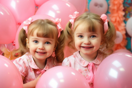 Two little girls are twin sisters among a pastel trendy color pink balloons smiling together. The concept of holidays and happy birthday surprise. Generated by AIの素材