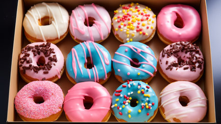 A lot of colorful donuts with delicious fillings live sideways in a row in a craft box, top view flat lay, many sweet donuts. Delicious sweet, but very fatty and unhealthy foodの素材