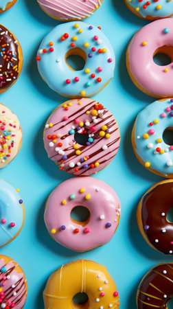 A lot of multicolored glazed donuts lie on a blue background. View from above. An advertisement for a pastry shop. Delicious sweet, but very fatty and unhealthy food, top view.の素材