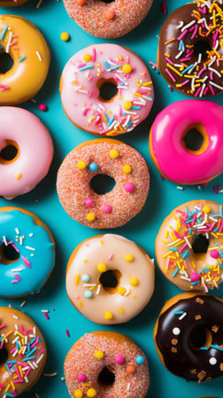 A lot of multicolored glazed donuts lie on a blue background. View from above. An advertisement for a pastry shop. Delicious sweet, but very fatty and unhealthy food, top view.の素材