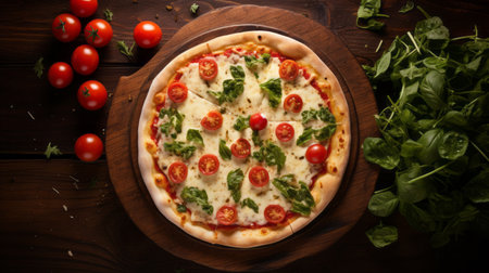 Delicious mouth-watering cheese pizza with tomatoes and herbs on a wooden table in a home kitchen. Italian food restaurant Top viewの素材