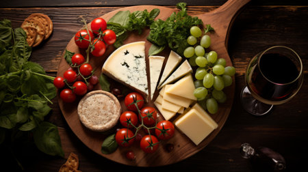 Noble cheese with white mold camembert, parmesan, cherry tomatoes on a wooden background, top view. A delicious cheese snack. A glass of red wine and a bunch of grapesの素材