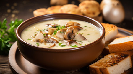 Delicious mushroom cream soup with croutons on a wooden table in a beautiful dish. Homemade healthy food in a cozy atmosphere. Vegetarian menuの素材