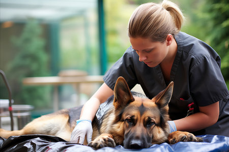 girl veterinarian treats a sick German shepherd in a veterinary clinicの素材