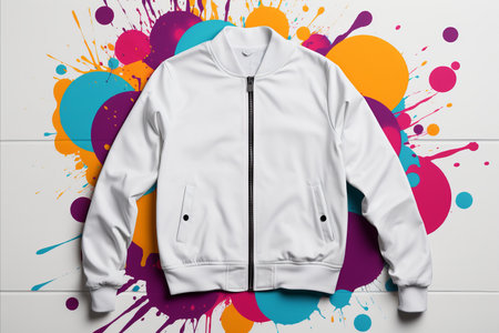 white bomber jacket on an abstract background, copy space white mockup templateの素材