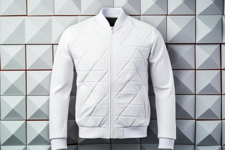 white bomber jacket on an abstract background, copy space white mockup templateの素材