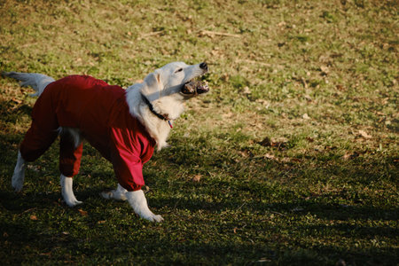 A golden retriever runs through a green clearing in the park on a sunny day and plays with a stick. The friendly cheerful dog outside is having fun. A pet in a protective suit from dirt and rainの写真素材