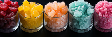 Colorful sweet candies in glass cups on a dark background, top viewの素材
