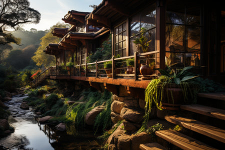 An old but well maintained wooden house in the woods by the streamの素材