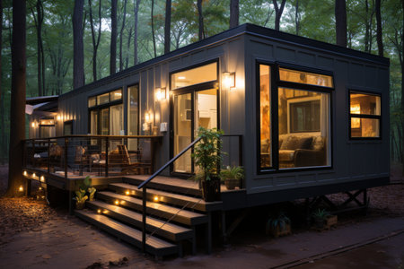 Modern frame house in the forest. Outdoor recreation in comfortable conditionsの素材