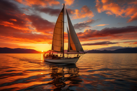 Beautiful sailing yacht in the ocean at sunsetの素材