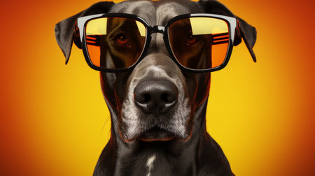Black dog wears glasses, pet portrait on yellow front viewの素材
