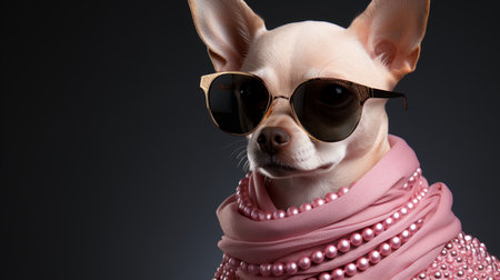Stylish elegant lady chihuahua dog in pink clothes and glasses on a dark, pet looks like womanの素材