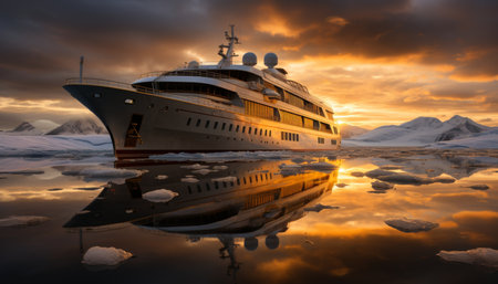Majestic yacht exploring the icy waters of antarctica at beautiful sunsetの素材
