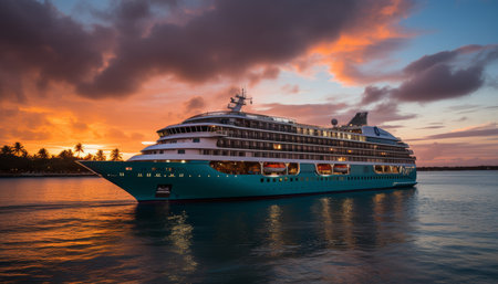 A large tourist cruise ship at sea at sunset. Islands with palm trees on the horizonの素材