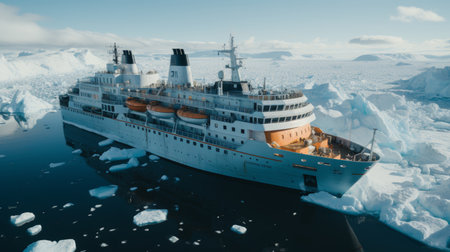 White cruise ship in antarctica surrounded by majestic ice floes, antarctic voyageの素材