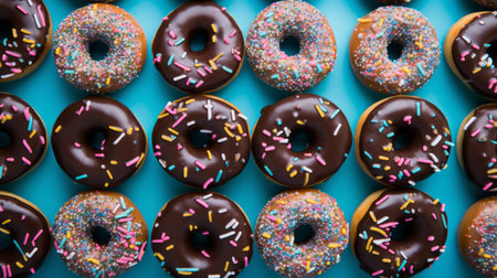 A lot of chocolate glazed donuts lie on a blue background. View from above. An advertisement for a pastry shop. Delicious sweet, but very fatty and unhealthy foodの素材